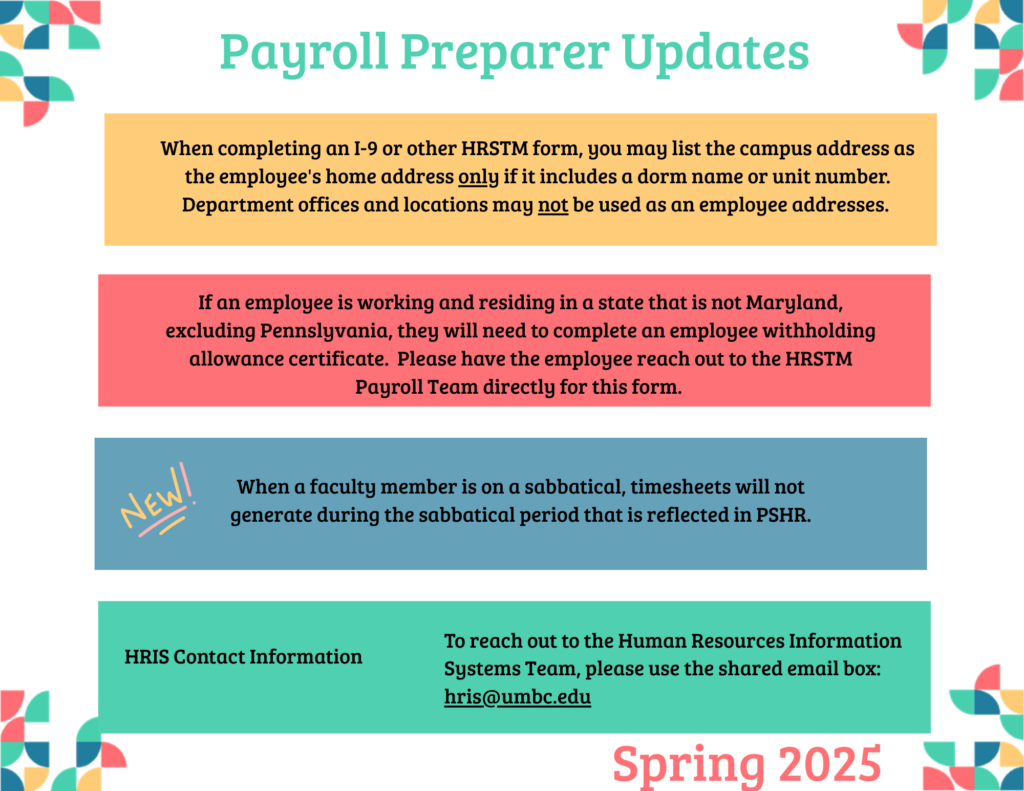Payroll preparer updates for Spring 2025. Links to a PDF with the same information