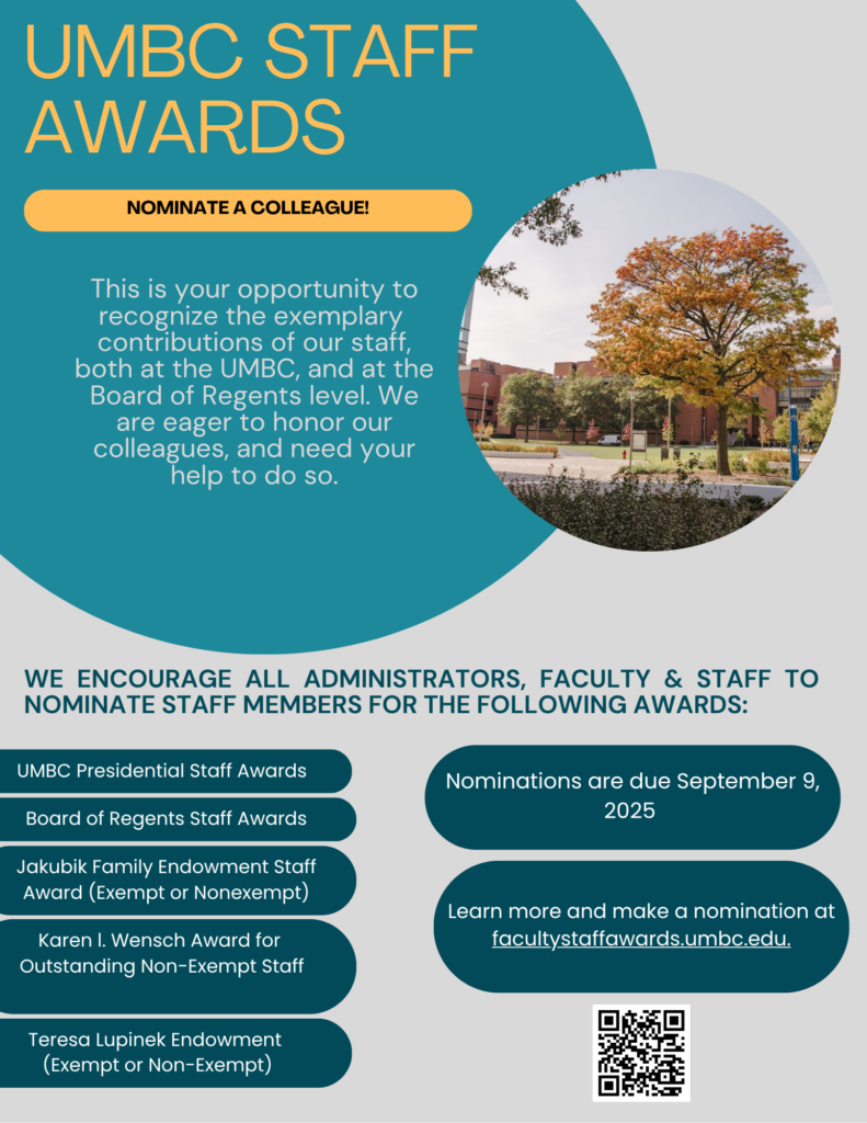 Flyer describing the UMBC Staff Awards and how to nominate a colleague.